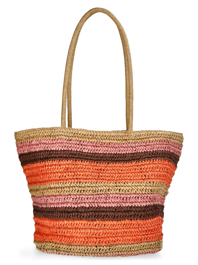 Time and Tru Women's Striped Straw Tote Bag, Peach | Walmart (US)