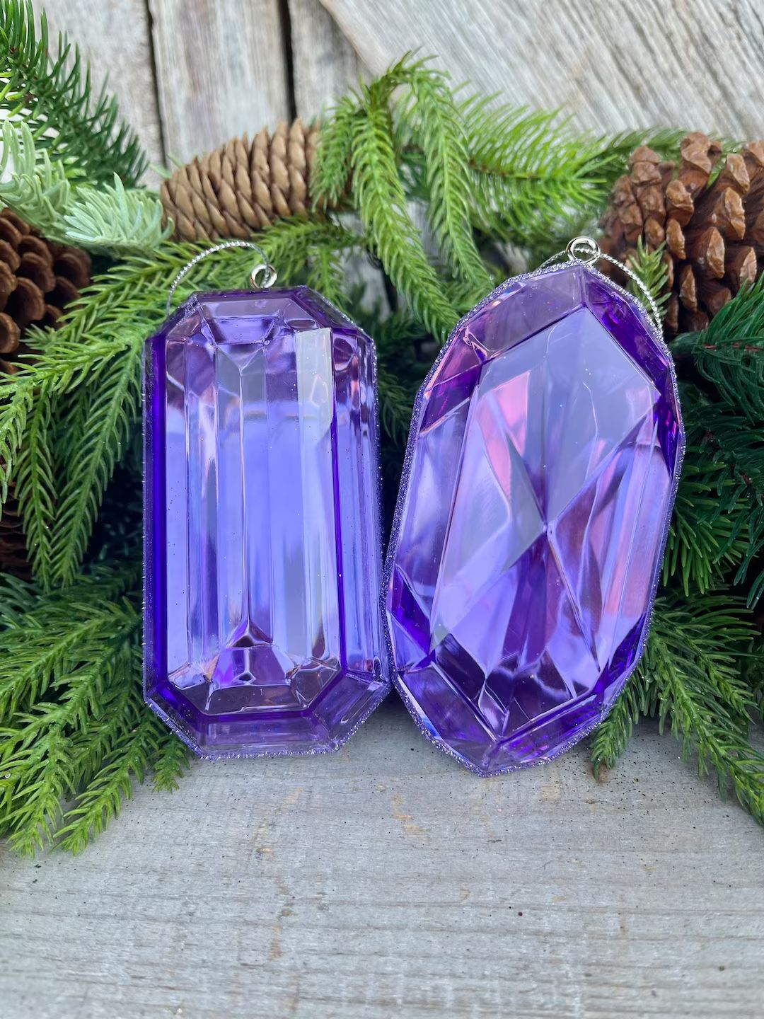 Set of 2 5" Purple Jewel Ornament, Jewel Oramnet, Christmas Ornament, Rectangle Cut Jewel, Oblong... | Etsy (US)