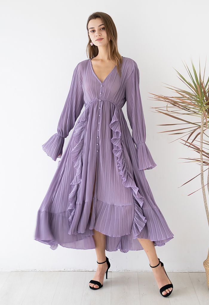 Breezy Ruffle Asymmetric Pleated Chiffon Maxi Dress in Lilac | Chicwish