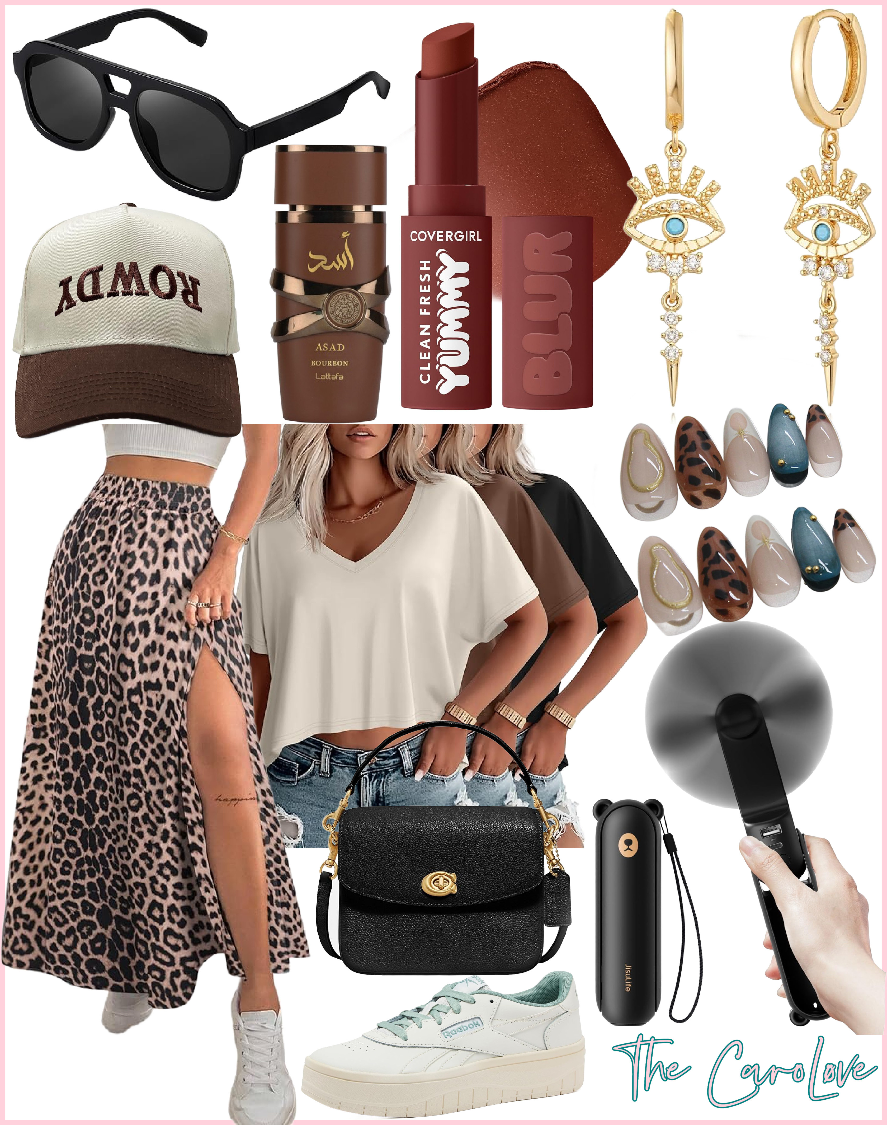 Brewery day outfit inspo 🍺☀️ Flowy leopard slit skirt + oversized tee for that effortless vibe, topped with a snapback and crossbody for hands-free fun. Comfy platform sneakers, bold plum lips, and a handheld fan (because we stay cute and cool). Linking it all here!  

 #LTKMidsize #LTKStyleTip #LTKItBag