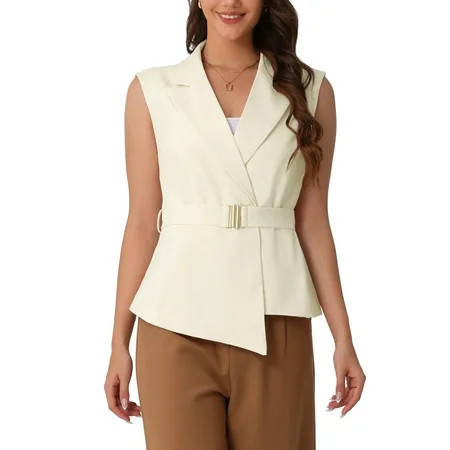 INSPIRE CHIC Women's Sleeveless V Neck Belted Lapel Collar Work Vest XS Beige | Walmart (US)