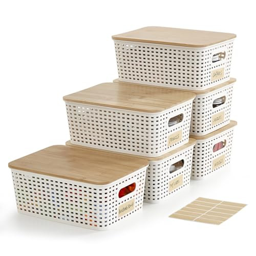 Bagnizer Small Plastic Storage Bins with Bamboo Lids 5.2qt Stackable Box Basket Pantry Decorative... | Amazon (US)
