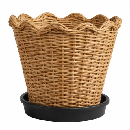 10" Wave Rattan Planter Pot with Black Plastic Saucer | Woven by Quality Indonesian Rattan | Durable Scalloped Rim Design | Lightweight Plant Pot | Home & Garden & Indoor & Outdoor Use | Walmart (US)