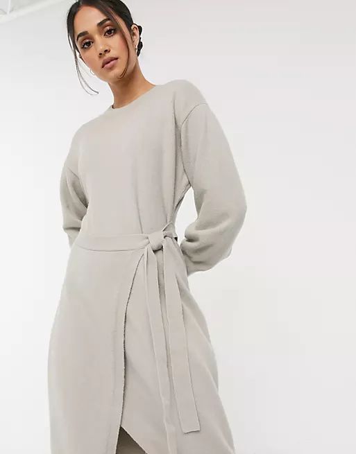 & Other Stories tie waist puff sleeve knitted midi dress in beige | ASOS (Global)
