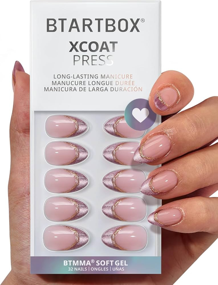 BTArtbox French Tip Press On Nails - Pink Aurora, Lamp-Curable 3D Gold Line Short Almond Press On... | Amazon (US)