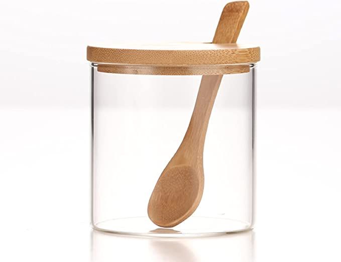 300ML/10Oz Clear Glass Jar with Bamboo Lid and Wooden Spoon, Cute Sugar Bowl Bath Salt Storage Canis | Amazon (US)