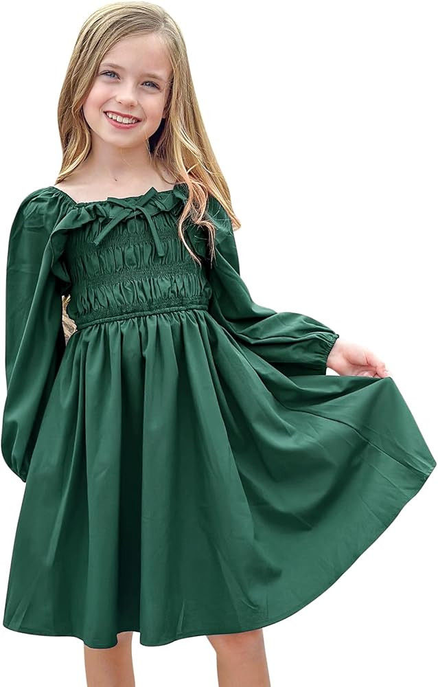 Enlifety 5-12T Girls Long Sleeve Smocked Dresses Casual Boho Flowy Dress with Pockets | Amazon (US)