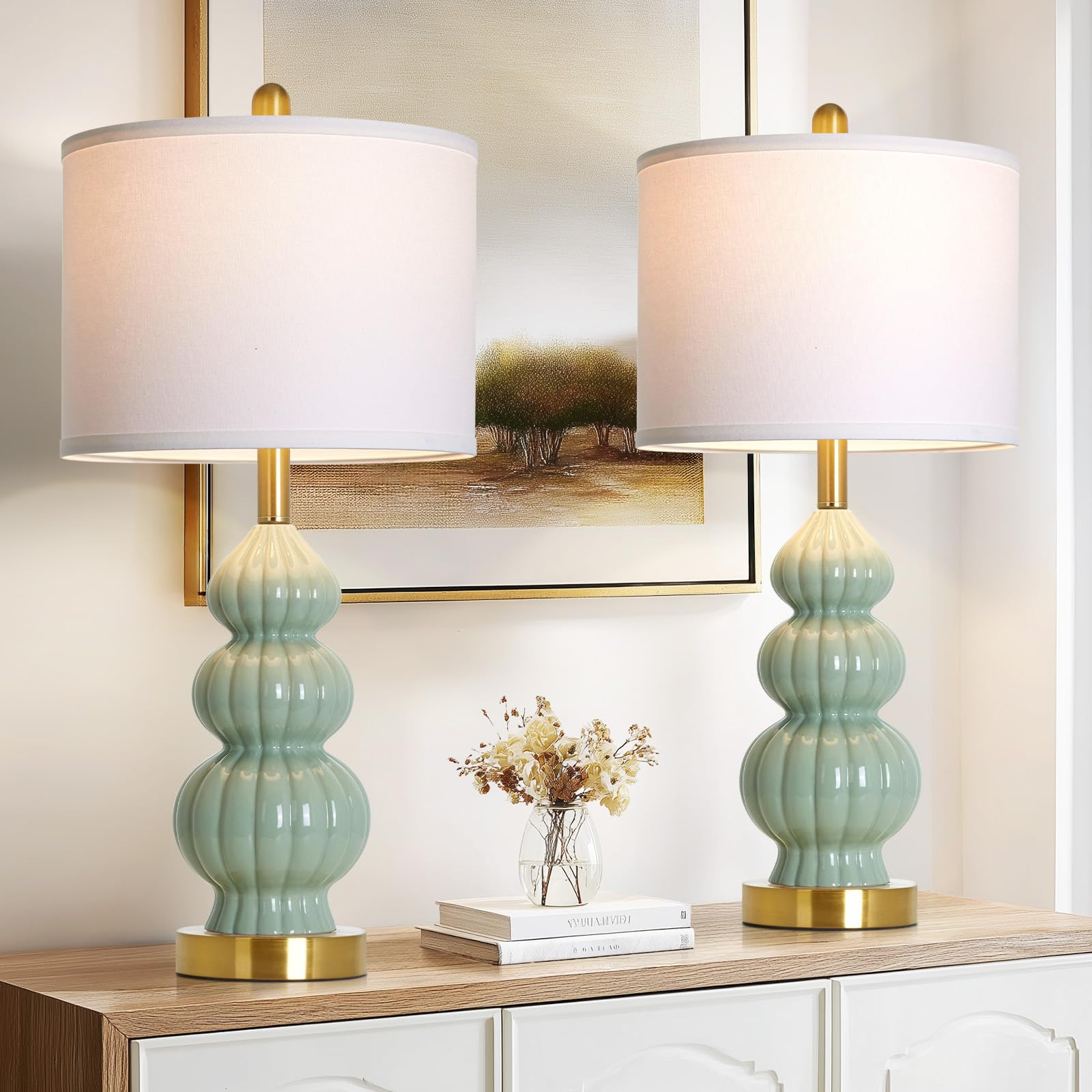 Rinweey Green Ceramic Lamps Set of 2, 26.5" Modern Table Lamps for Living Room, Classic Bedside L... | Amazon (US)