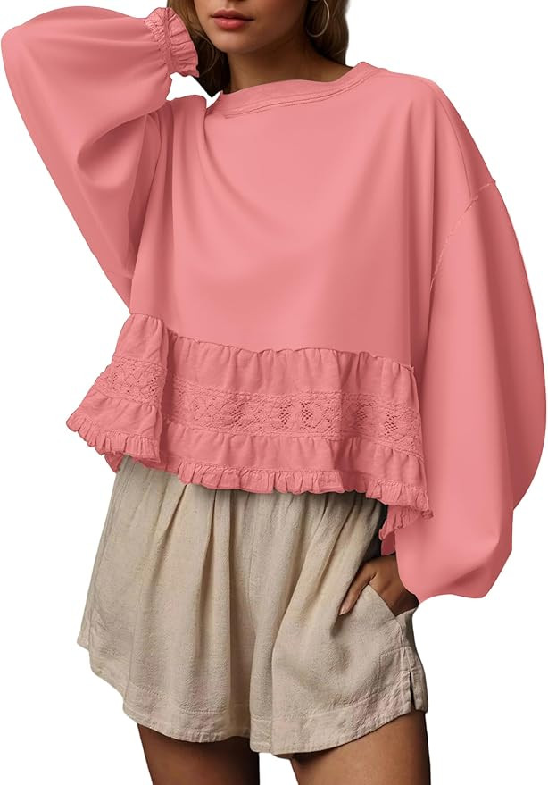 Burtell Crew Neck Crop Oversized Sweatshirts For Women Casual Long Puff Sleeve Babydoll Tops Loos... | Amazon (US)