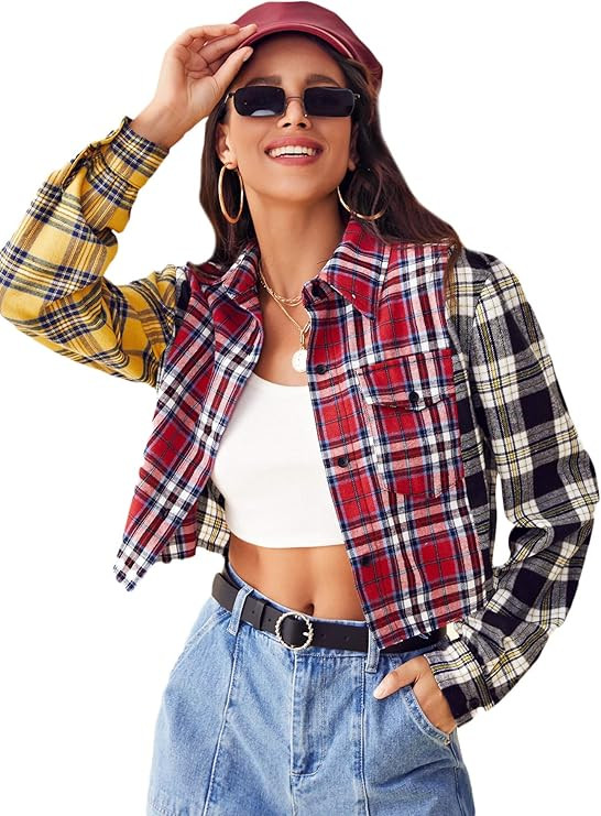 SweatyRocks Women's Cute Color Block Long Sleeve Crop Tops Plaid Button Down Blouse | Amazon (US)
