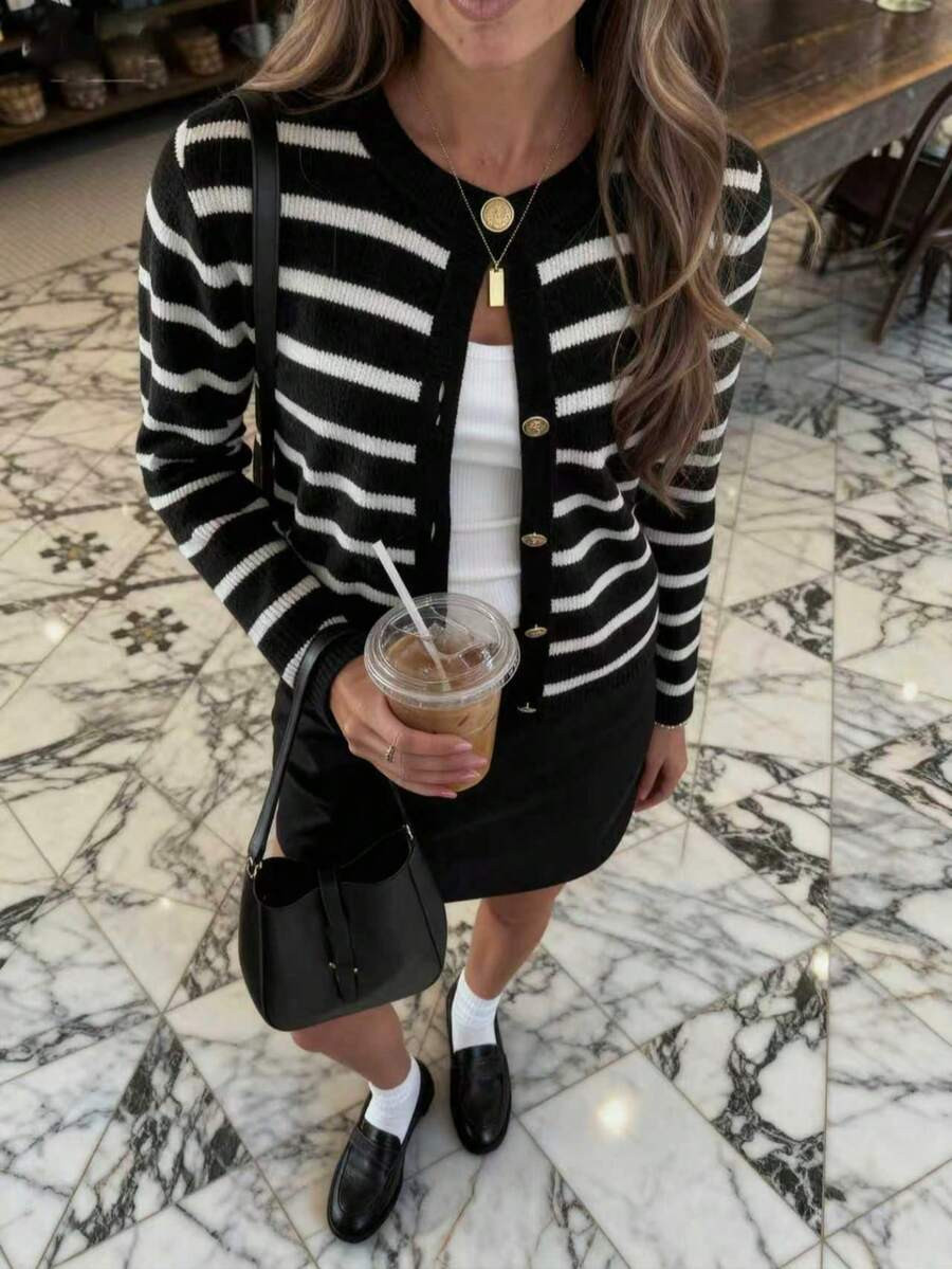 FOR BEAUTY Women's Black White Striped Knit Cardigan, Round Neck Button Long Sleeve Ribbed Cropped Outerwear For Fall Daily Casual Office Street Wear. | SHEIN