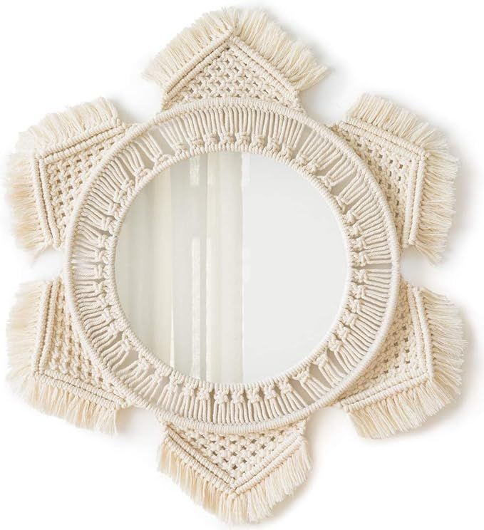 Mkono Hanging Wall Mirror with Macrame Fringe Round Boho Mirror Art Decor for Apartment Living Ro... | Amazon (US)