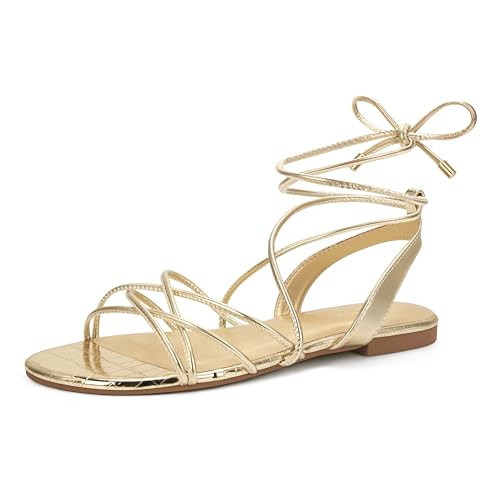 PARTY Women's Strappy Sandals Gladiator Lace Up Flats Summer Wrap Open Toe Tie Up Shoes, Gold, 11 | Amazon (US)