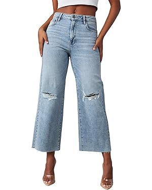 Allimy Women's High Waisted Straight Ankle Wide Leg Ripped Jeans Frayed Hem Stretchy Capri Denim ... | Amazon (US)