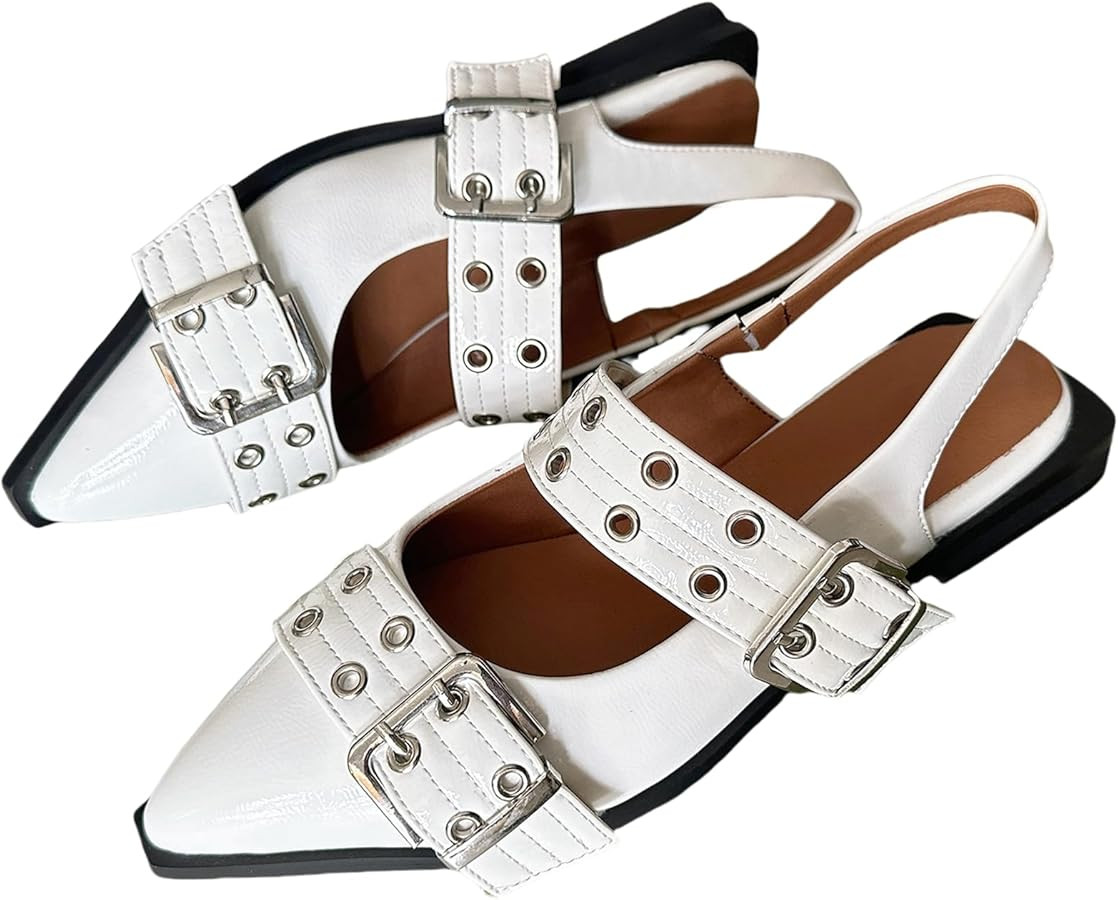 Makmeoyw Women Rivet Buckle Slingback Flats Pointed Toe Wide Welt Buckle Ballet Flats for Women | Amazon (UK)