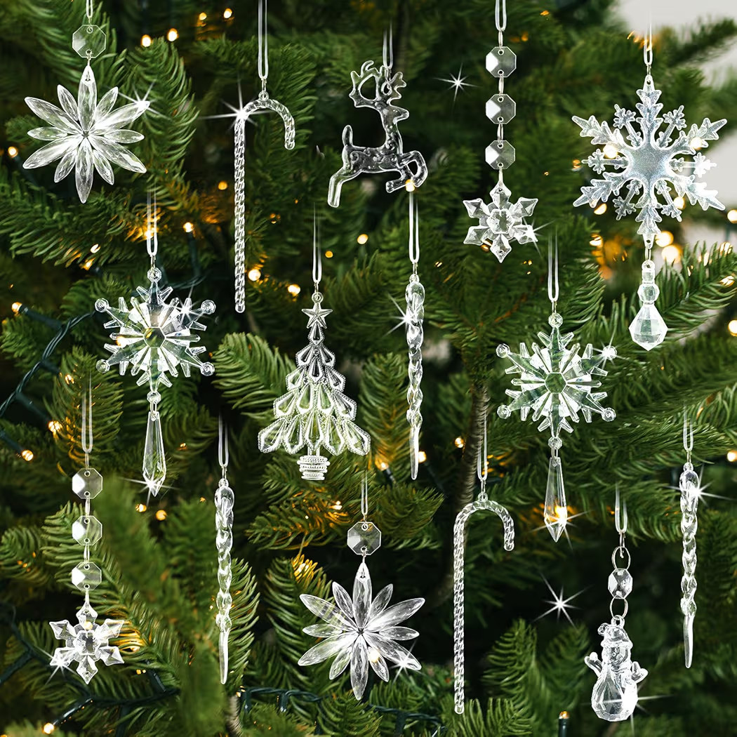 Crystal Christmas Tree Ornaments Snowflakes Decorations, 18Pcs Clear Acrylic Snowflake Hanging Or... | Amazon (US)