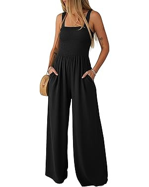 Amazon.com: Lepunuo Jumpsuits for Women Casual One Piece Overalls Smocked Wide Leg Long Rompers W... | Amazon (US)