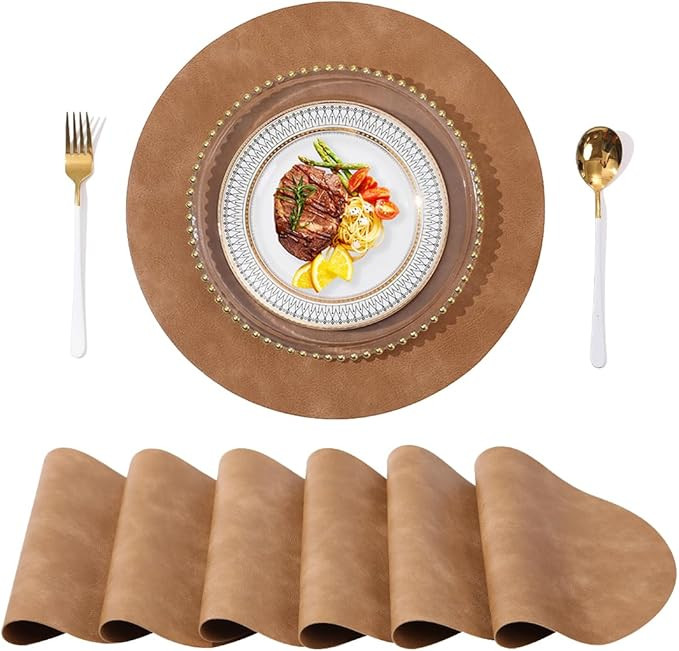 UnivoColors PU Leather Placemats Set of 6,15 Inches Round Washed Cowhide Pattern Table Mats for D... | Amazon (US)