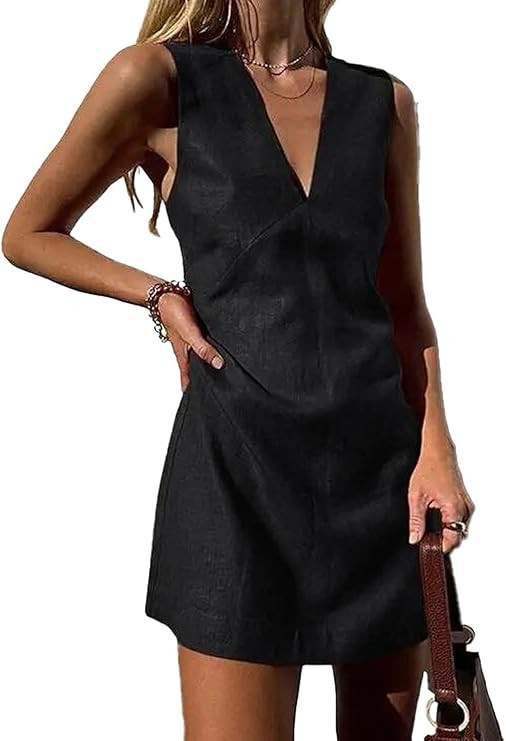 hibshaby Womens Summer Cotton Linen V Neck Short Dress 2025 Sleeveless Mini Dress Casual Tank Dre... | Amazon (US)