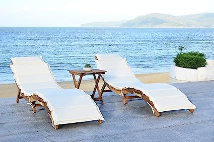 SAFAVIEH Outdoor Collection Pacifica Natural/ Beige Cushion 3-Piece Chaise Lounge Set with Table | Amazon (US)