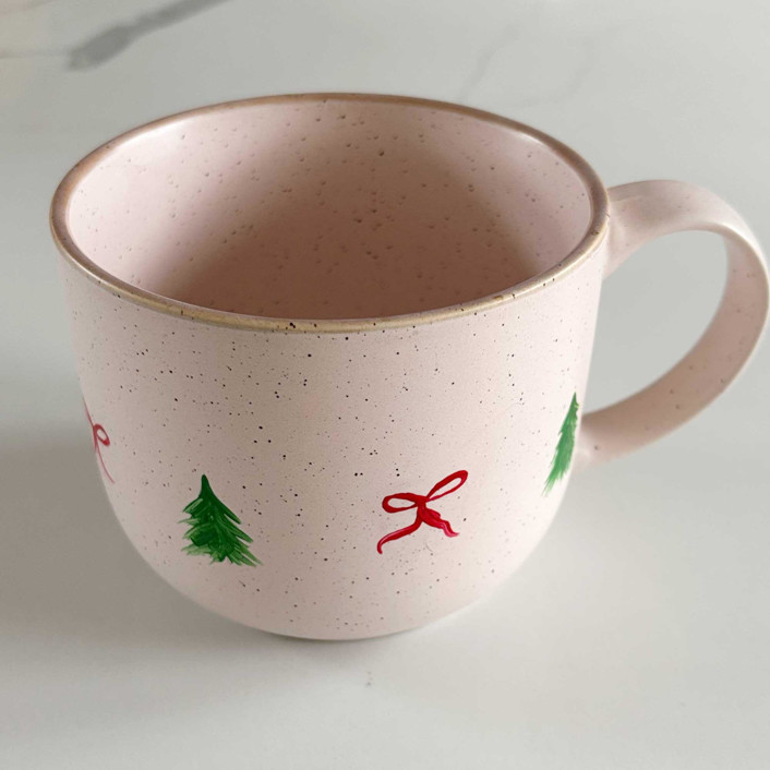 Hand-Painted Blush Stoneware Mug With Decorative Christmas Bows And Trees, Red And Green Mugs & Teacups | Minted
