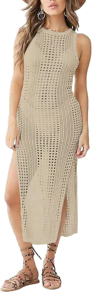 RanRui Beach Coverup for Women Crochet Swimsuit Cover Up Women's Beige Sleeveless Knitted Bikini ... | Amazon (US)