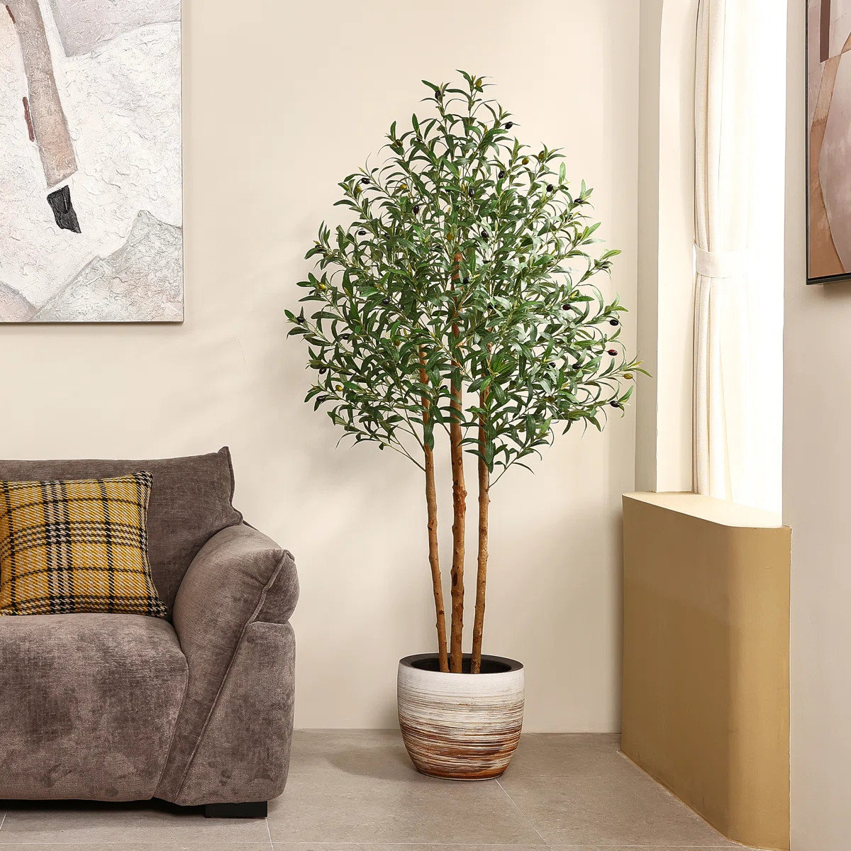 Ashwell 6 ft Tall Artificial Olive Tree Faux Plant - Real Wood Triple Trunk with Lifelike Olives,... | Wayfair North America