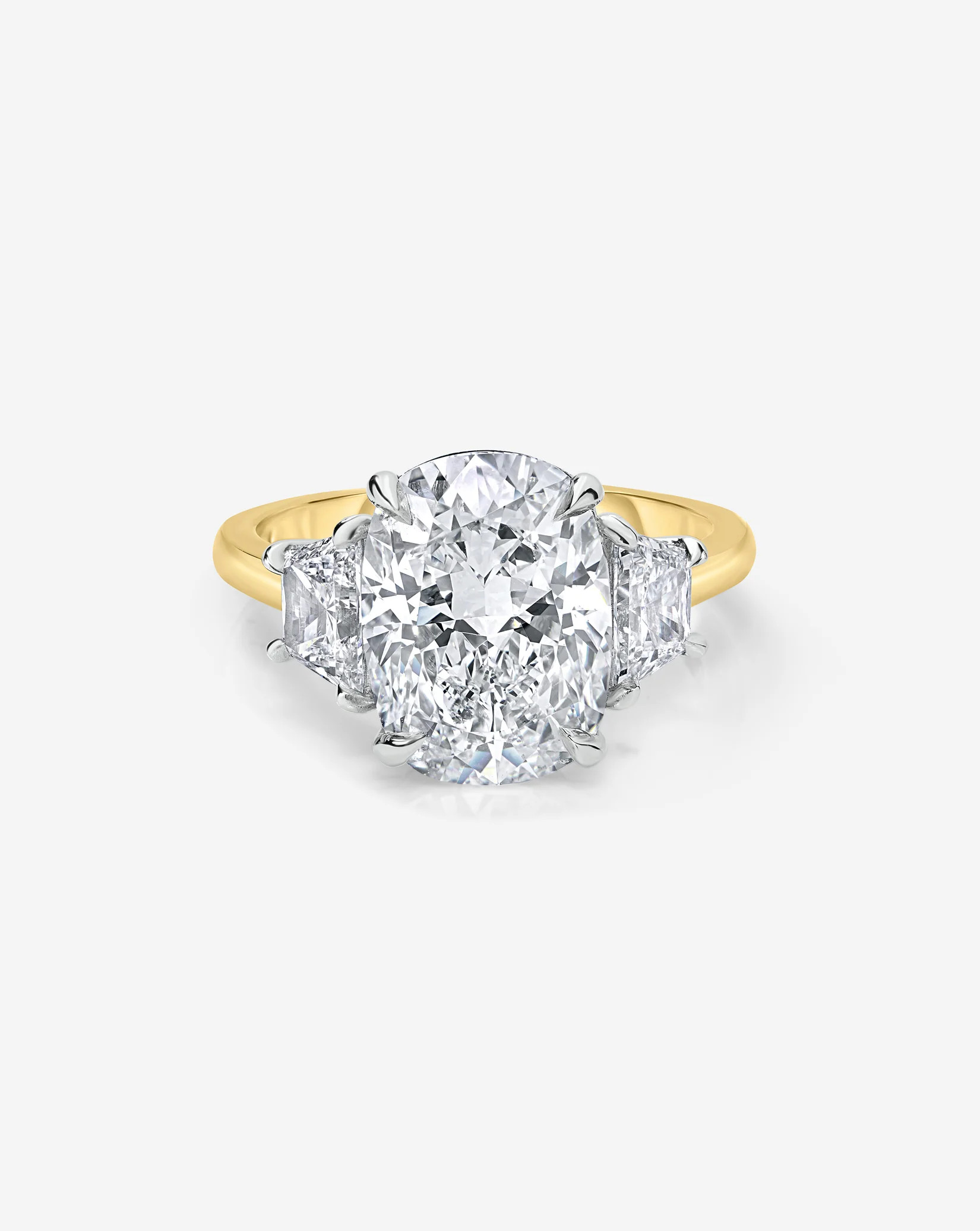 3.32 Cushion Lab Diamond in Whisper Thin® Three Stone with Trapezoids | Ring Concierge