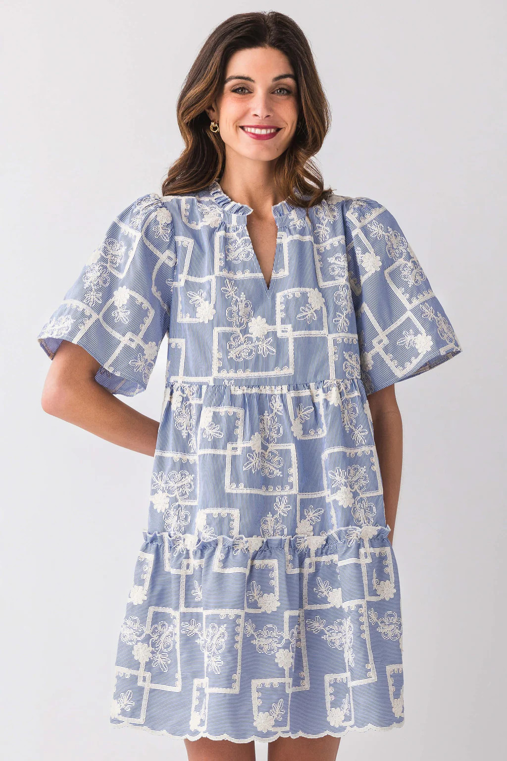 Voy Tiffany Striped Cotton Floral Embroidered Dress | Social Threads