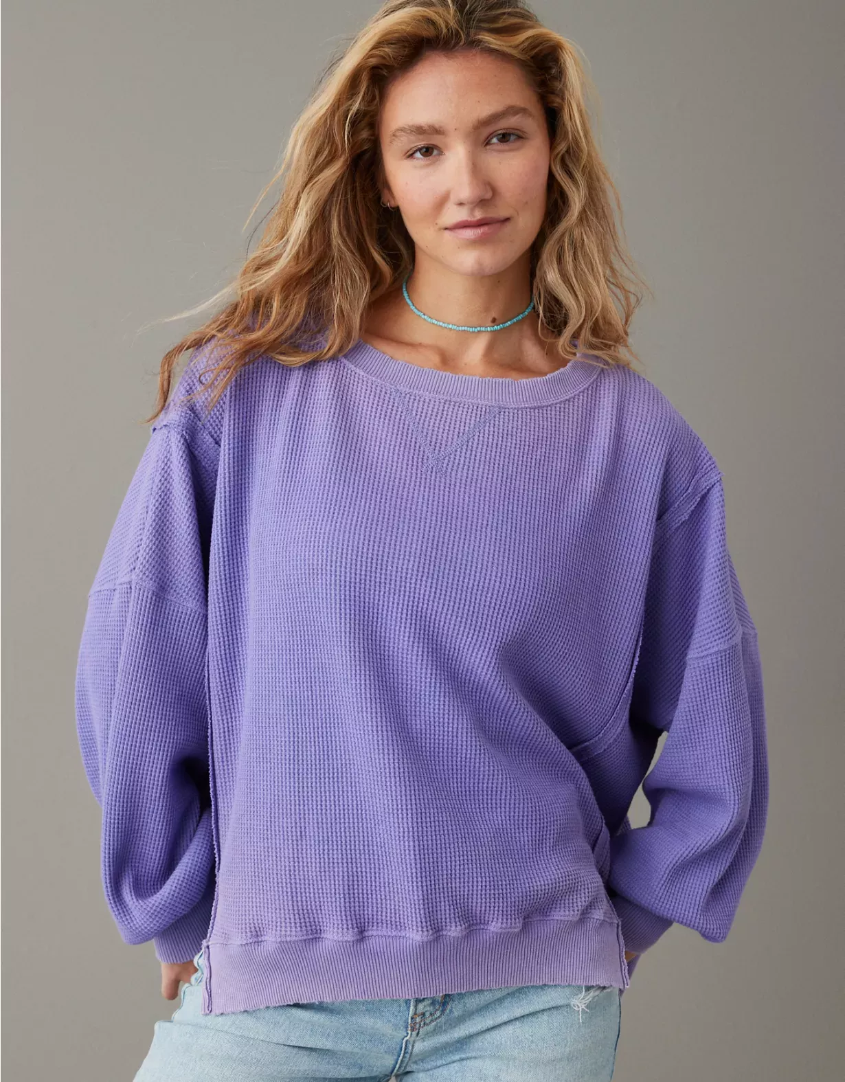 AE Oversized Big Hug Waffle V-Neck Sweatshirt