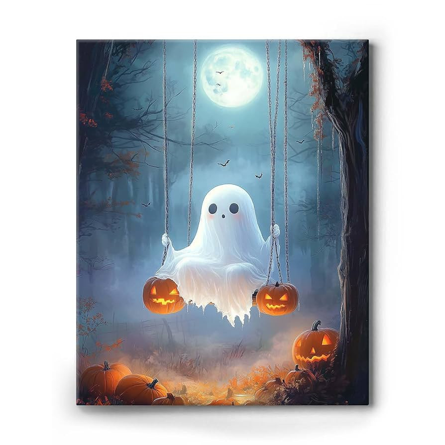 ART Halloween Wall Ghost On Swing Poster Cute Spooky Artwork for Halloween Decorations - Ghost Fa... | Amazon (US)