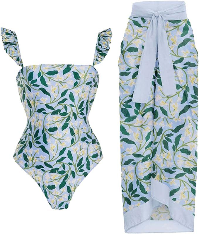Women's One Piece Swimsuit with Beach Cover Up Wrap Skirt Sarong Coverup Plus Size Monokini Swimw... | Amazon (US)
