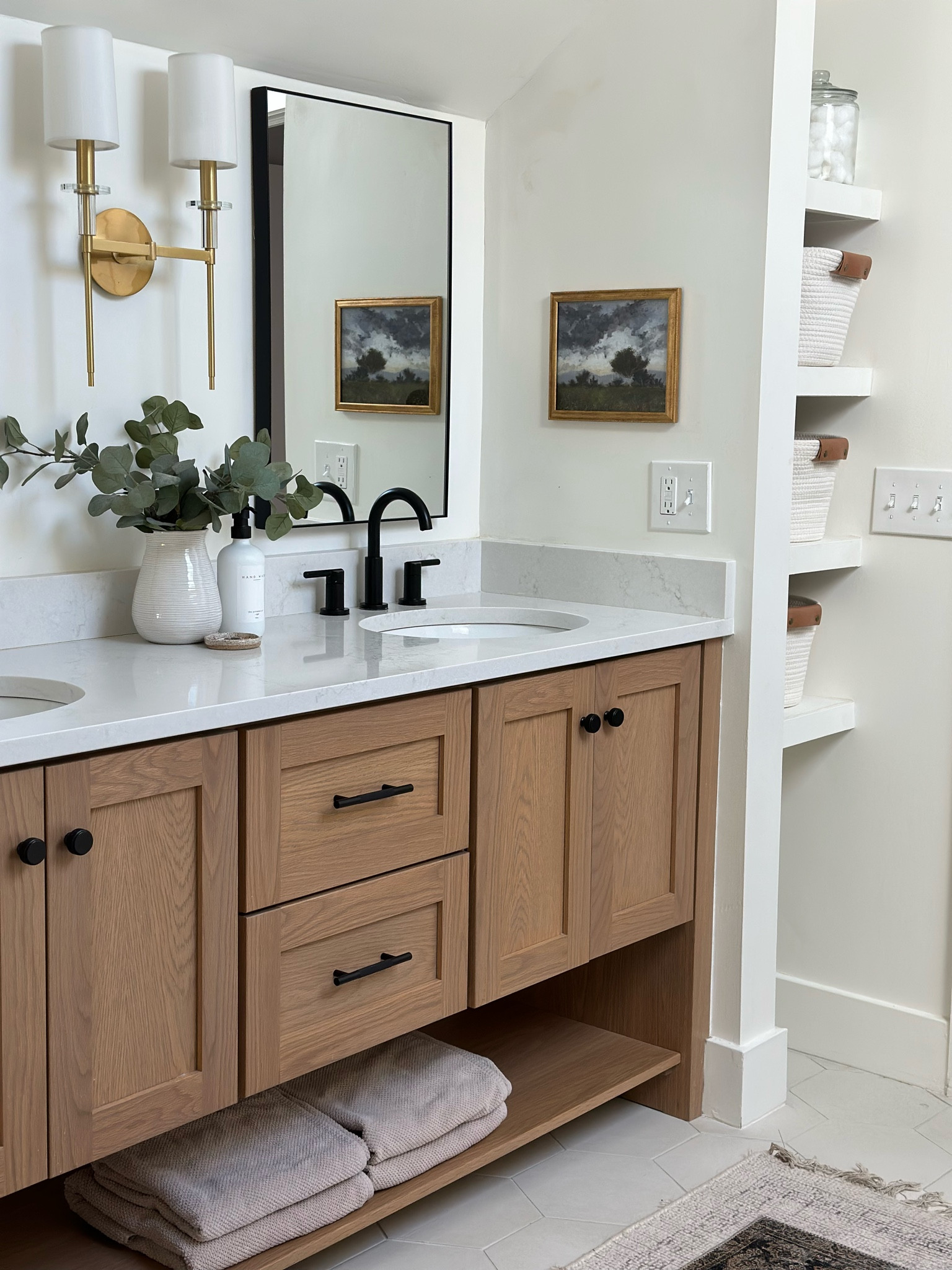 Bathroom renovation, white oak vanity, primary bathroom, bathroom design ideas, bathroom decor, bathroom vanity, bathroom mirror, bathroom art
#bathroomrenovation #primarybathroom #bathroomdesign 

#LTKSeasonal #LTKFindsUnder100 #LTKHome