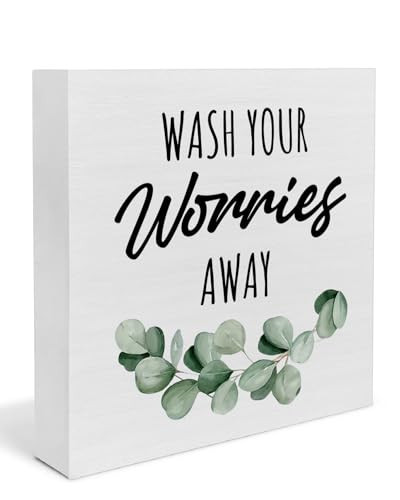 Funny Bathroom Decor, Wash Your Worries Away Sage Green Wooden Box Sign 5×5 Inches for Laundry Room Decor, Boho Restroom Bathroom Shelf Decorations, 5×5 Inches | Amazon (US)