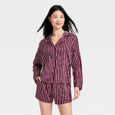 Women's Luxury Collection Satin Notch Collar Long Sleeve Shirt and Shorts Pajama Set - Auden™ | Target