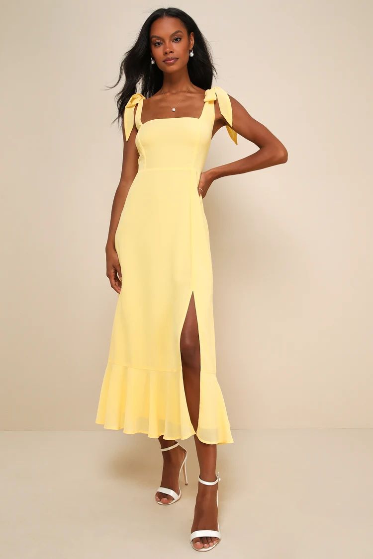 Summer Invite Yellow Tie-Strap Tiered Midi Dress | Lulus