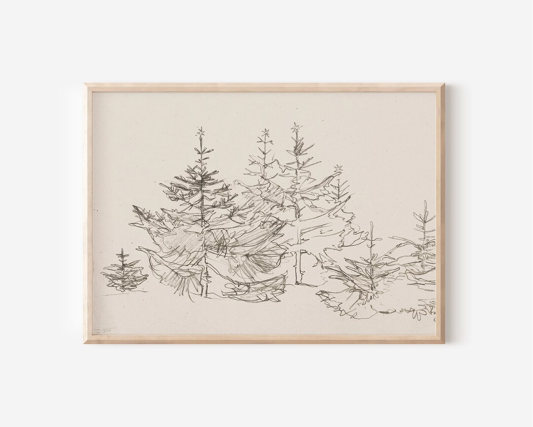 Pine Trees Sketch Drawing Minimalist Print Vintage Winter Wall Decor Farmhouse Decor Printable Wa... | Etsy (US)