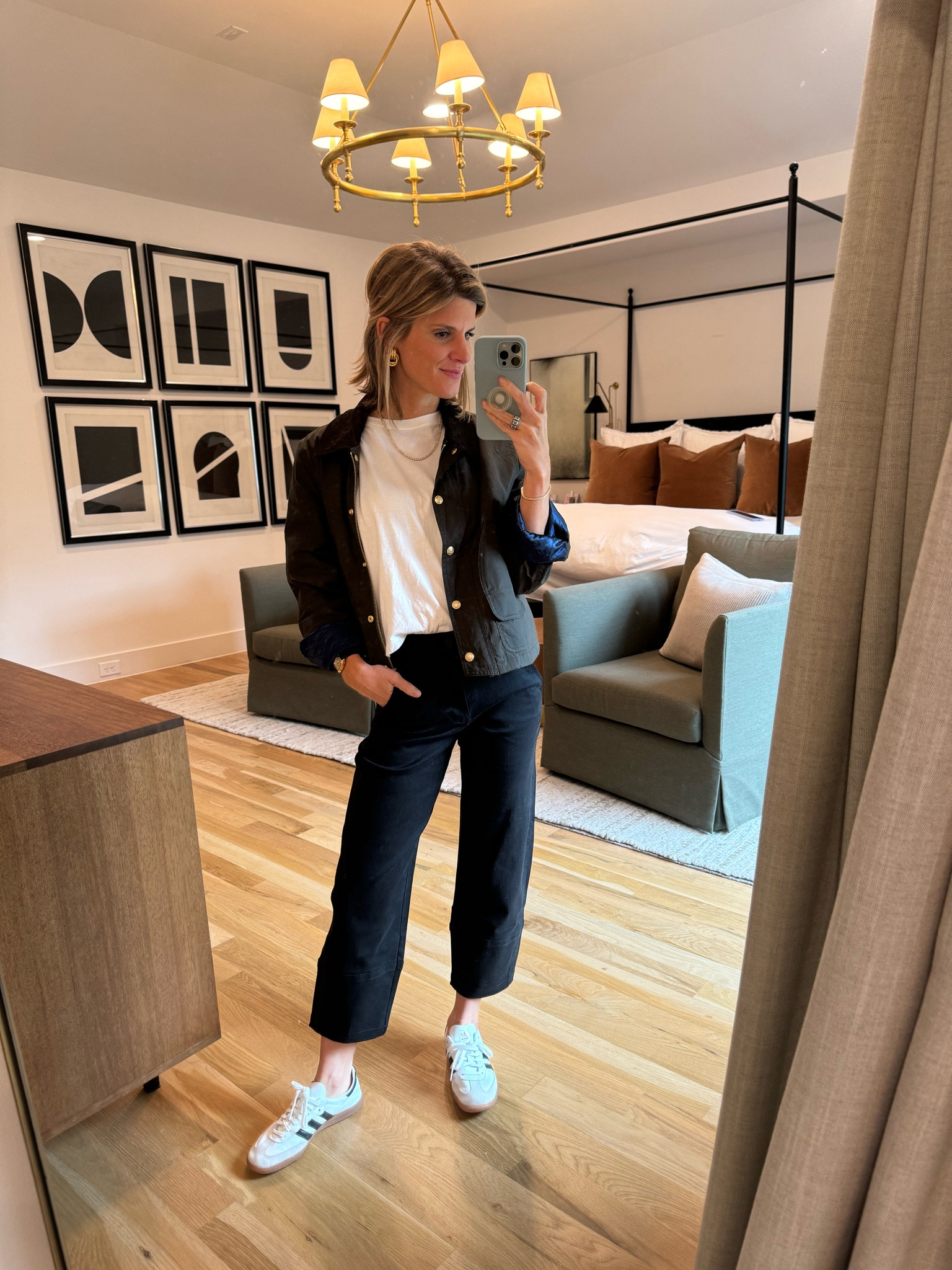 Wearing XS in shirt and jacket and petite length in pants 