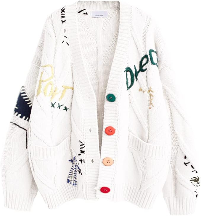 Women's Cable Knit Long Sleeve Open Front Cardigan Sheep V-Neck Button Down Embroidery Wool Blend... | Amazon (US)