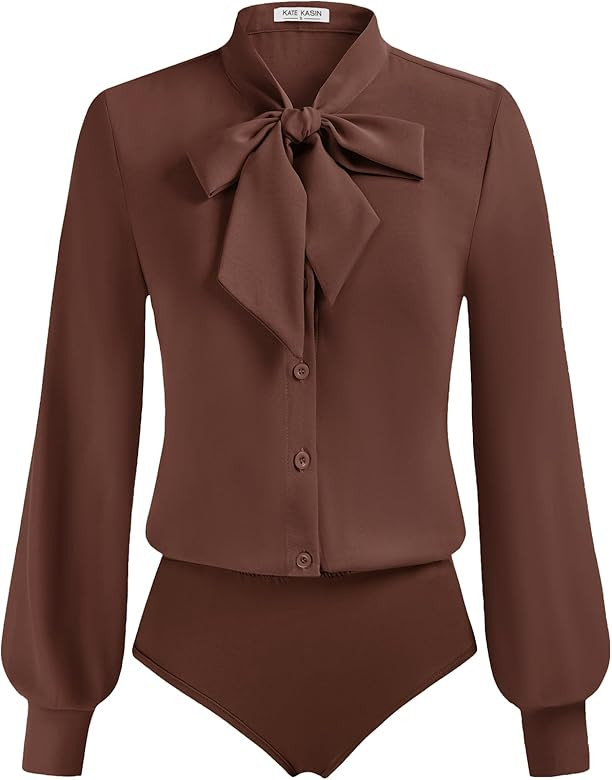 Kate Kasin Women Bow Tie Neck Office Blouse Button Down Long Sleeve Bodysuits Blouse Top | Amazon (US)