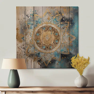 Blue and Gold Mandala II - Boho Mandala Print on Natural Pine Wood | Wayfair North America