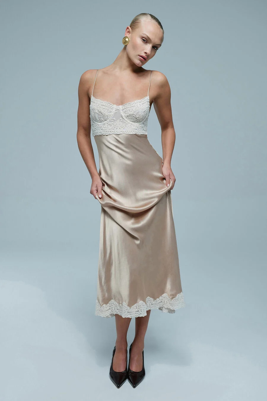 tzariana satin lace midi dress in golden | Bardot (US)