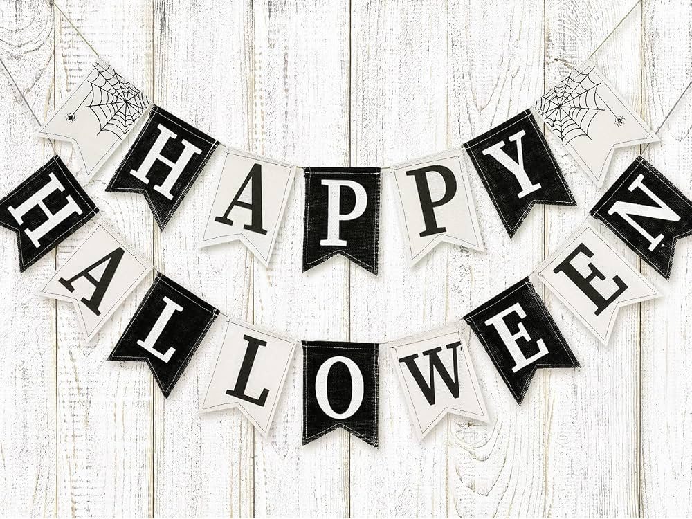 Whaline 2Pcs Happy Halloween Burlap Banner White Black Halloween Party Banner Holiday Hanging Bun... | Amazon (US)