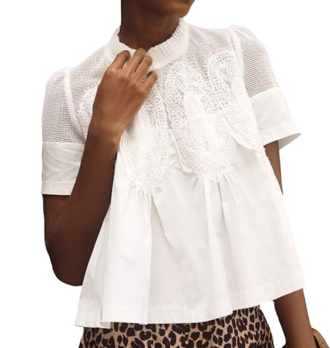VAOYIU Women Lace-Detail Flared Blouse Short-Sleeve Crew Neck Lace Poplin Mesh Swing Top Elegant ... | Amazon (US)