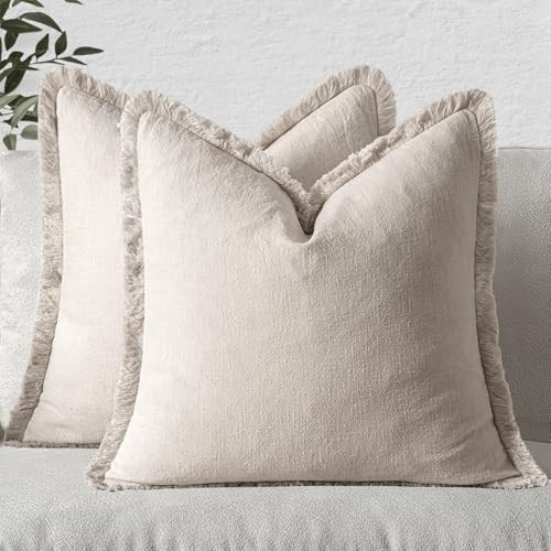 MIULEE Boho Farmhouse Pillow Covers Decorative Neutral Linen Throw Pillow Covers Set of 2 Natural Beige Cushion Covers with Fringe for Couch Sofa Bed Living Room Home Decor 22x22 Inch | Amazon (US)
