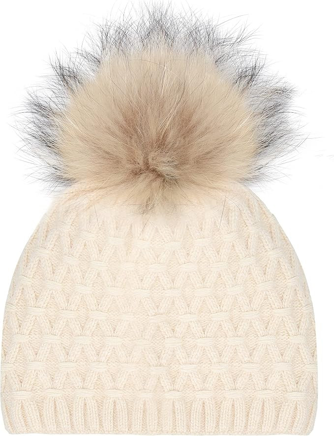 FXBSQF Women Double Cashmere Beanie,Pom Pom Beanie,Real Raccoon Bobble Beanie,Winter Warm Knitte... | Amazon (US)