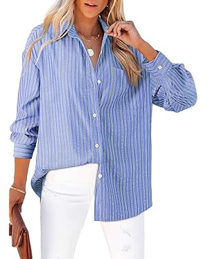 Astylish Women Blouses Oversized Striped Shirt Long Sleeve V Neck Button Down Work Top | Amazon (US)