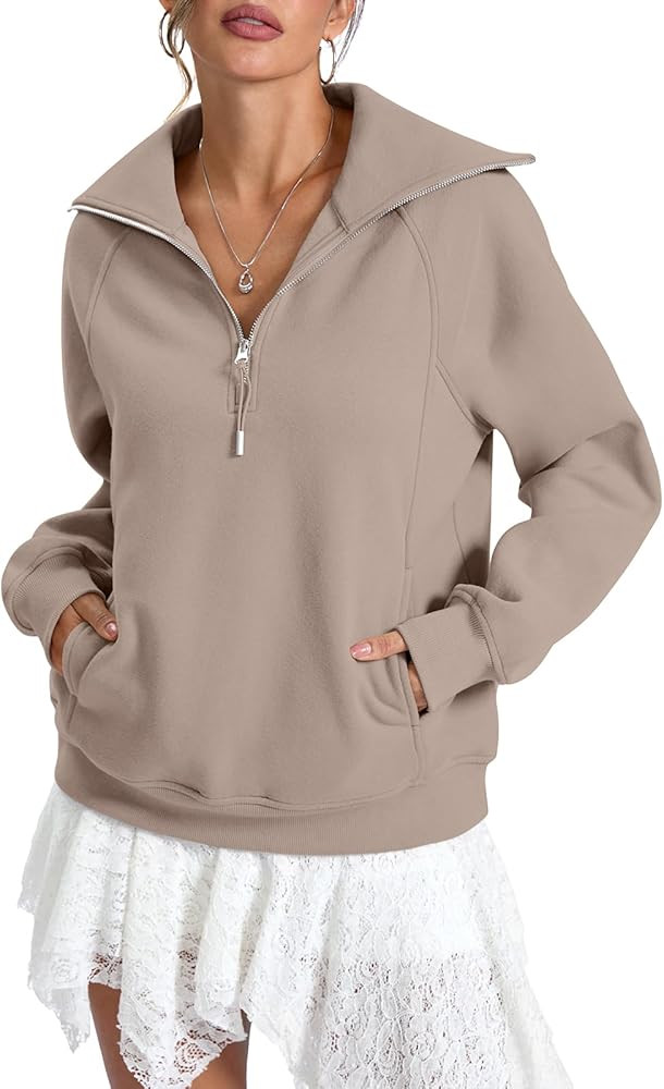 Womens Fleece Lined Sweatshirts Oversized Half Zip Pullover with Pocket Trendy Long Sleeve Tops O... | Amazon (US)