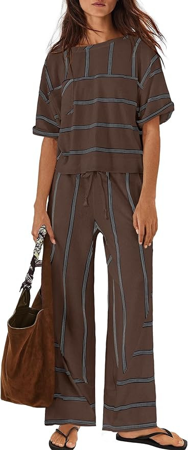 Amazon.com: Panadila Womens Striped Lounge Set 2 Piece Summer Travel Vacation Sets Short Sleeve T... | Amazon (US)