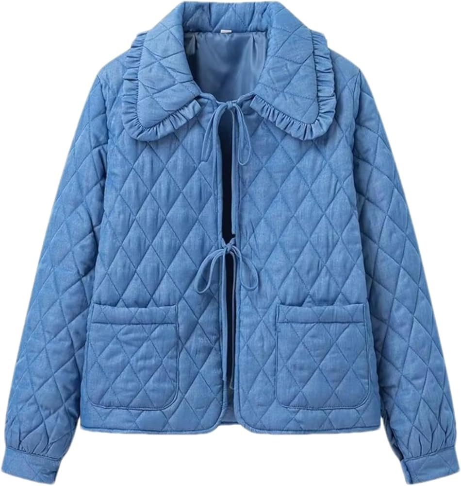 Women's Quilted Lightweight Jackets Long Sleeve Winter Cropped Cotton Padded Coat Jacket Bow Tie ... | Amazon (US)